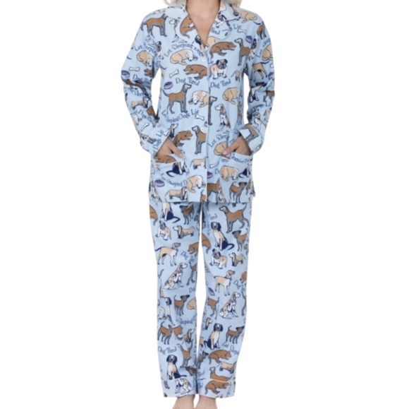 Pajamagram NWT Dog Tired Print Blue Flannel Button Front Pajama Set Size‎ Large - Picture 1 of 10